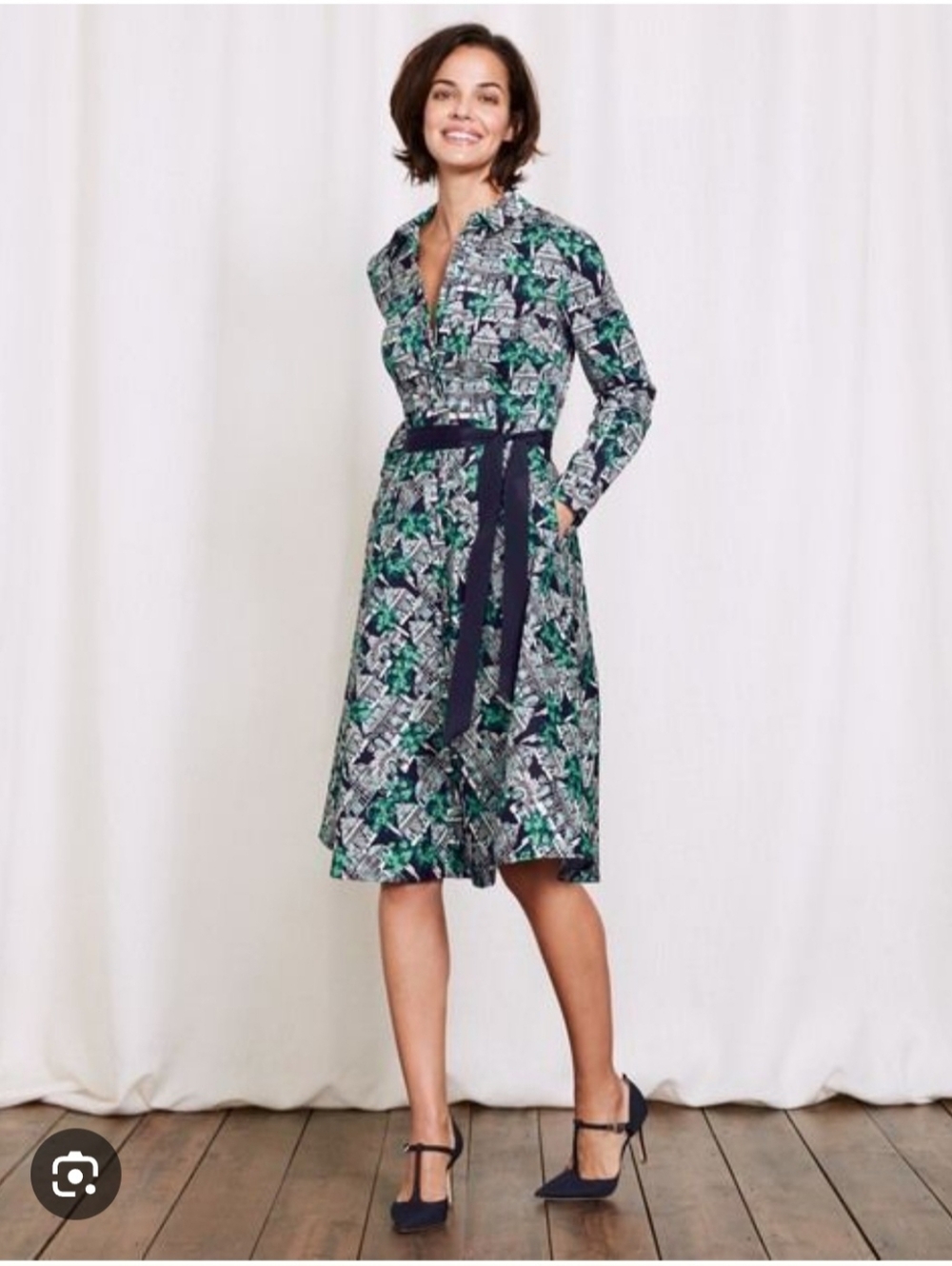 Boden Green & Navy Greenhouse Printed Shirt Dress with Tie Waist
